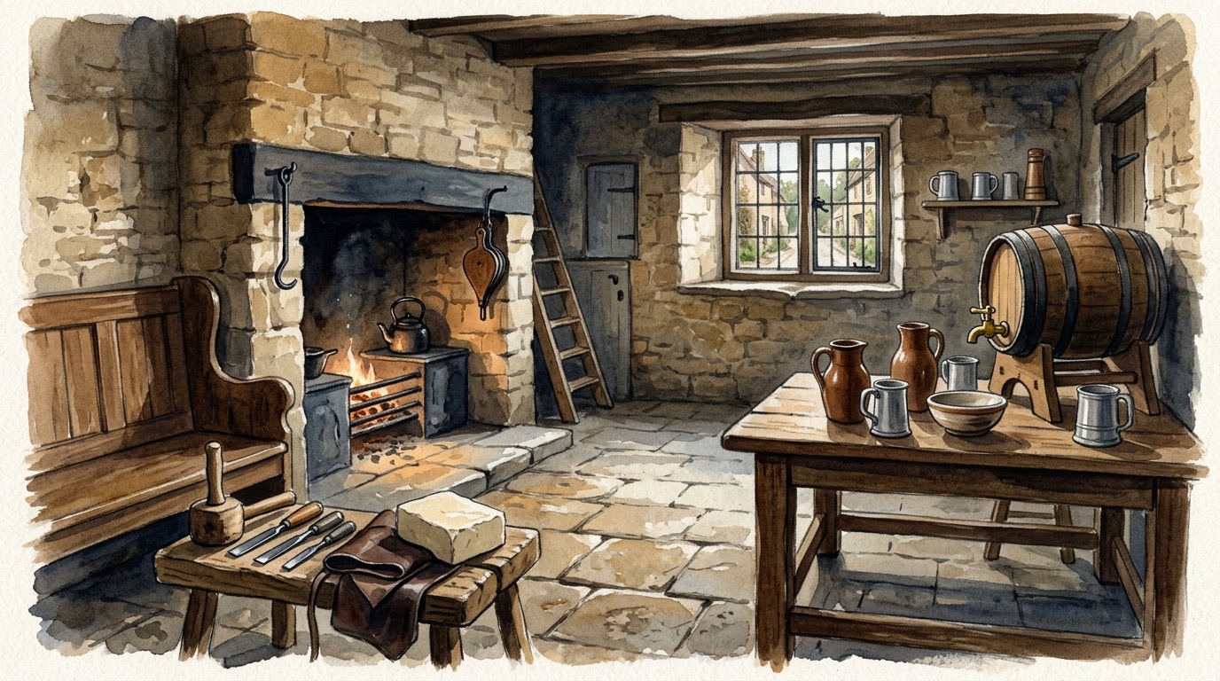 A watercolour of a Cotswold stone cottage front room in about 1850 kept as a beerhouse: a barrel with a brass tap on a table of jugs and pewter tankards, a wooden settle by an open hearth, and a stonemason's mallet, chisels, leather apron and a block of limestone on a stool