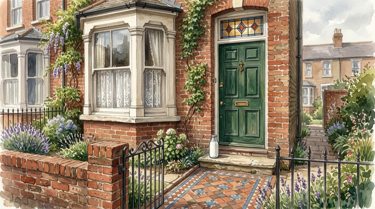 A watercolour of an Edwardian terraced house front: a green panelled door under a stained glass fanlight, a milk bottle on the stone step, lace curtains in the bay window and a tiled path to an iron gate