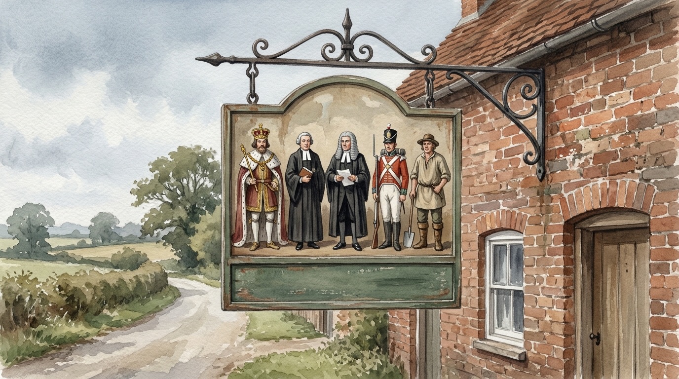 A watercolour of an old painted inn sign hanging from a wrought-iron bracket on a brick cottage, showing five figures side by side: a king, a parson, a lawyer, a soldier in a red coat and a farmer with a spade, with a country road beyond