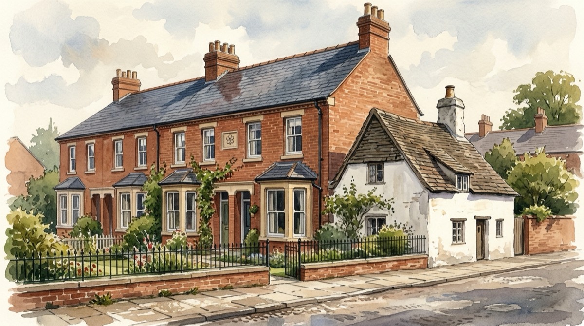 A watercolour of a row of red-brick Victorian terraced houses with bay windows, joined at one end to a much older, lower whitewashed cottage with a steep tiled roof