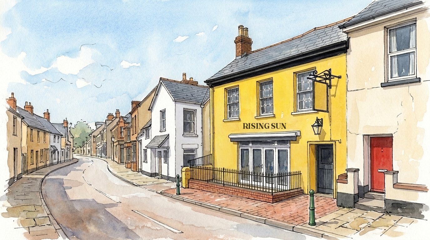 A watercolour of the Rising Sun on Newport Road, Barnstaple: a yellow-rendered two-storey pub with its name painted above a white canopy, a railed front terrace, green bollards and the street curving away beyond