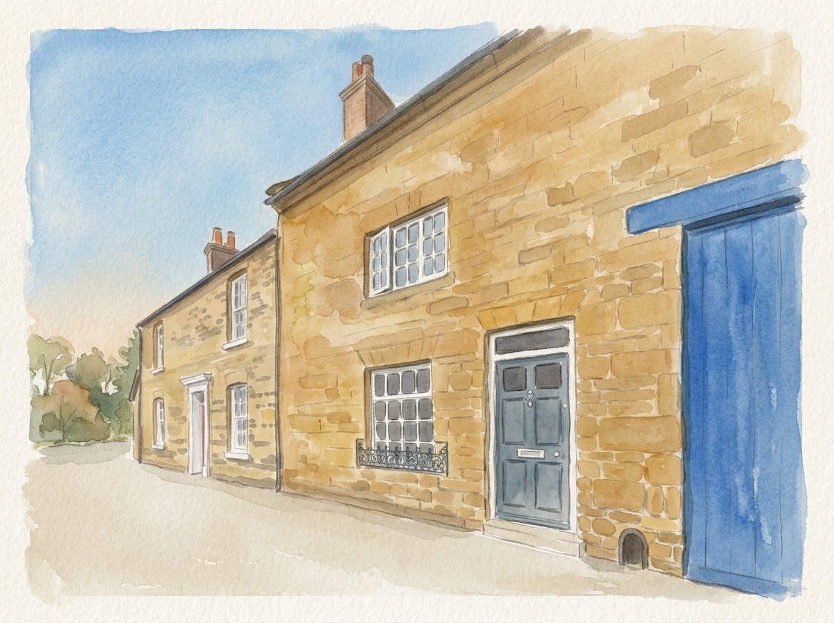 Watercolour illustration painted from a photograph of the real cottage — a narrow late-Georgian ironstone terrace cottage on a Northamptonshire village green