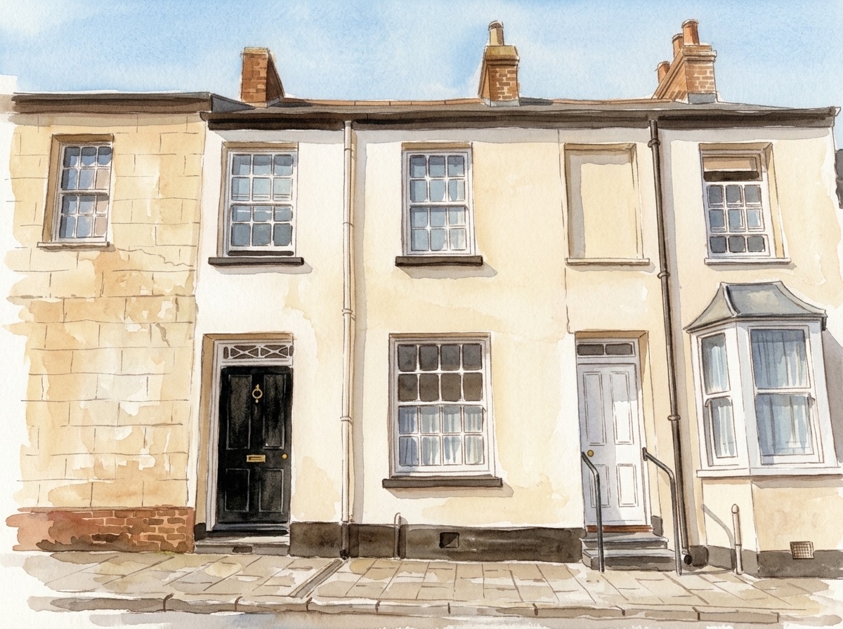 Watercolour illustration painted from a photograph of the real terrace — an early-19th-century Georgian townhouse in Barnstaple, Devon