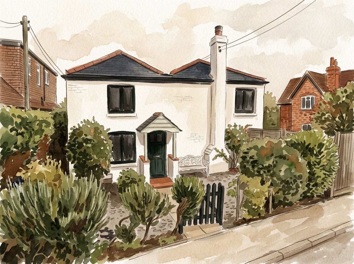 Watercolour illustration painted from a photograph of the real cottage as it stands today, on the edge of a Berkshire village green