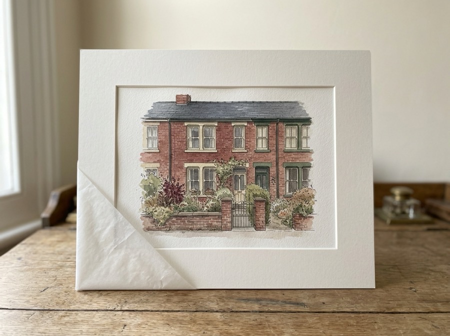 Illustrative mock-up of a watercolour painting of a Victorian terraced house, printed and presented in a wide off-white mount, standing on a wooden table