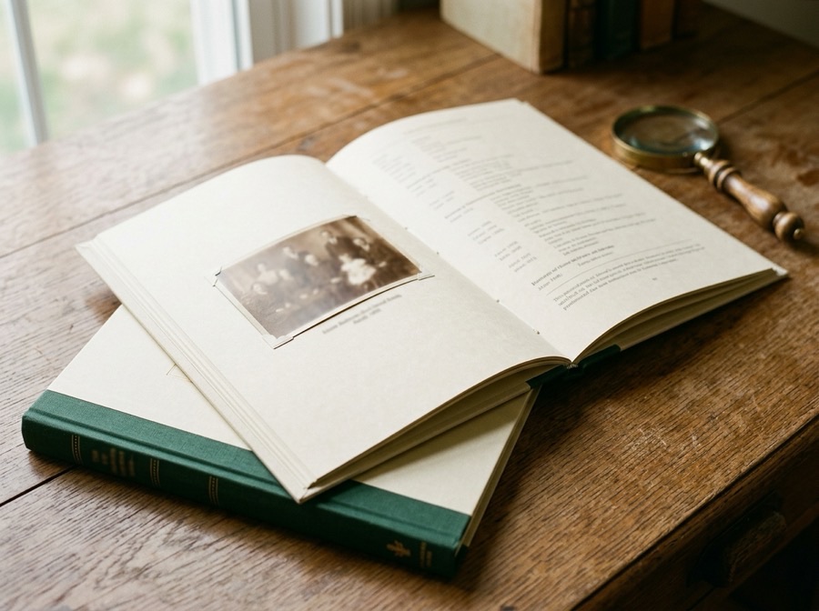 Illustrative mock-up of a printed house-history booklet lying open on a desk, showing a mounted photograph and printed pages