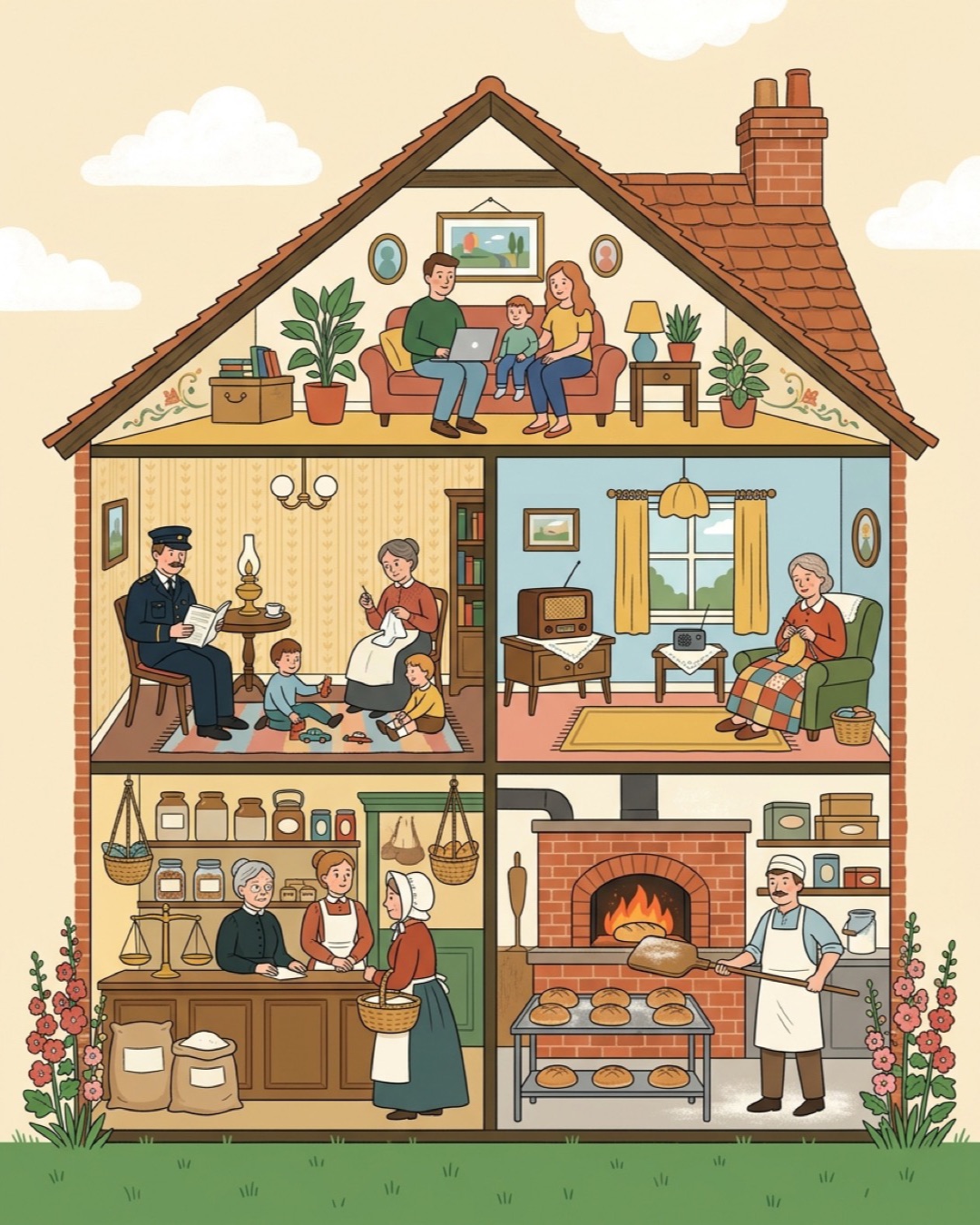 An illustrated cutaway of a house across four eras: a village shop and a baker’s oven on the ground floor, an Edwardian family and a mid-century sitting room above, and a present-day family in the roof room.