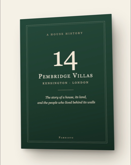 The cover of a professionally printed Famhisto house-history booklet, shown here for a fictional Kensington address as a design example